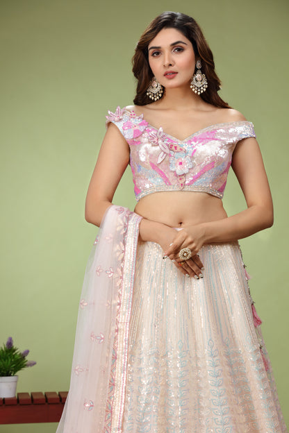 Light Pink Patch Work Lehenga in Net with Bead and Sequin Work Blouse