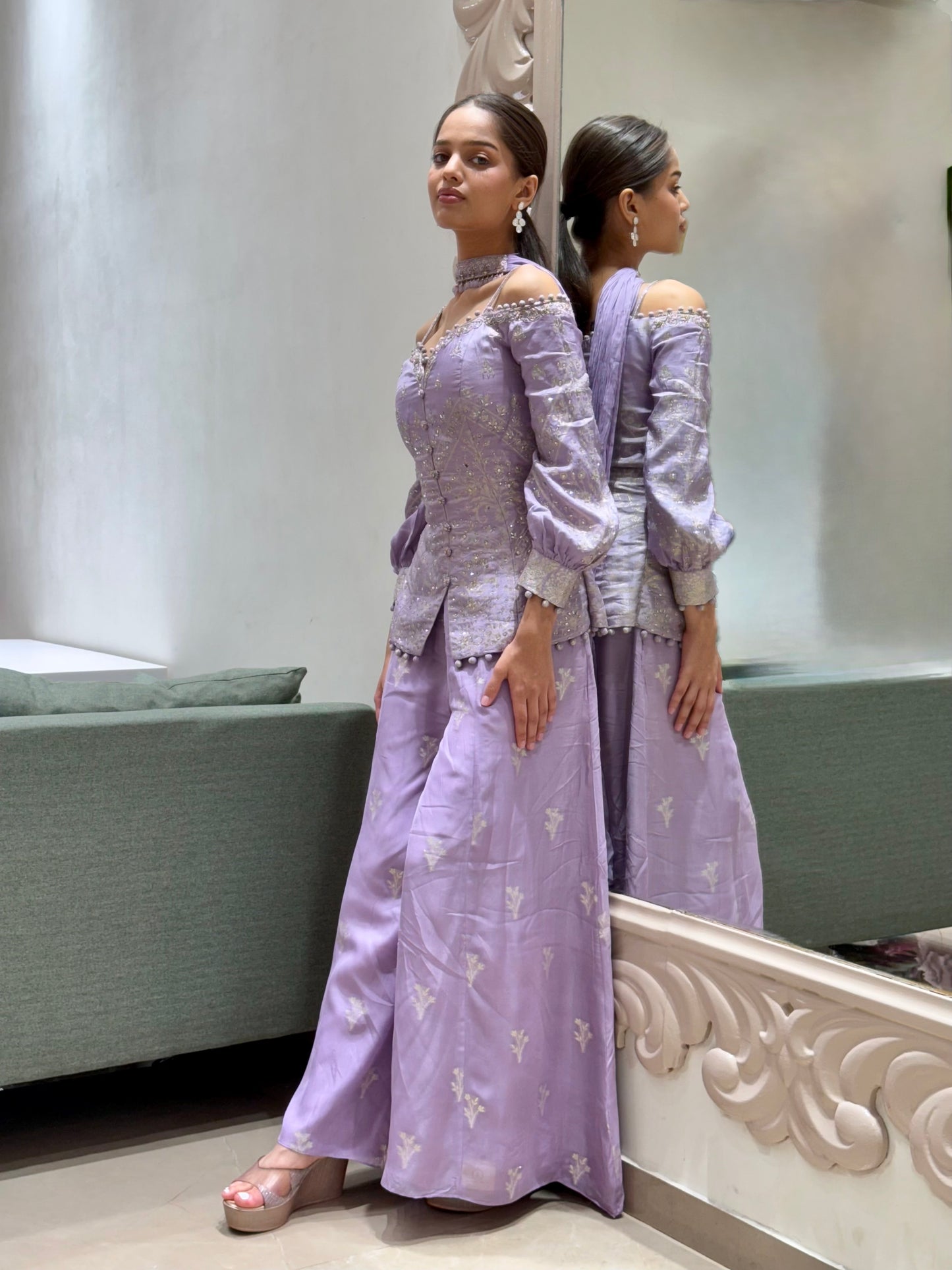 Lilac Off-Shoulder Embroidered Sharara Set with Corset Blouse