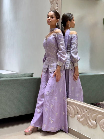 Lilac Off-Shoulder Embroidered Sharara Set with Corset Blouse