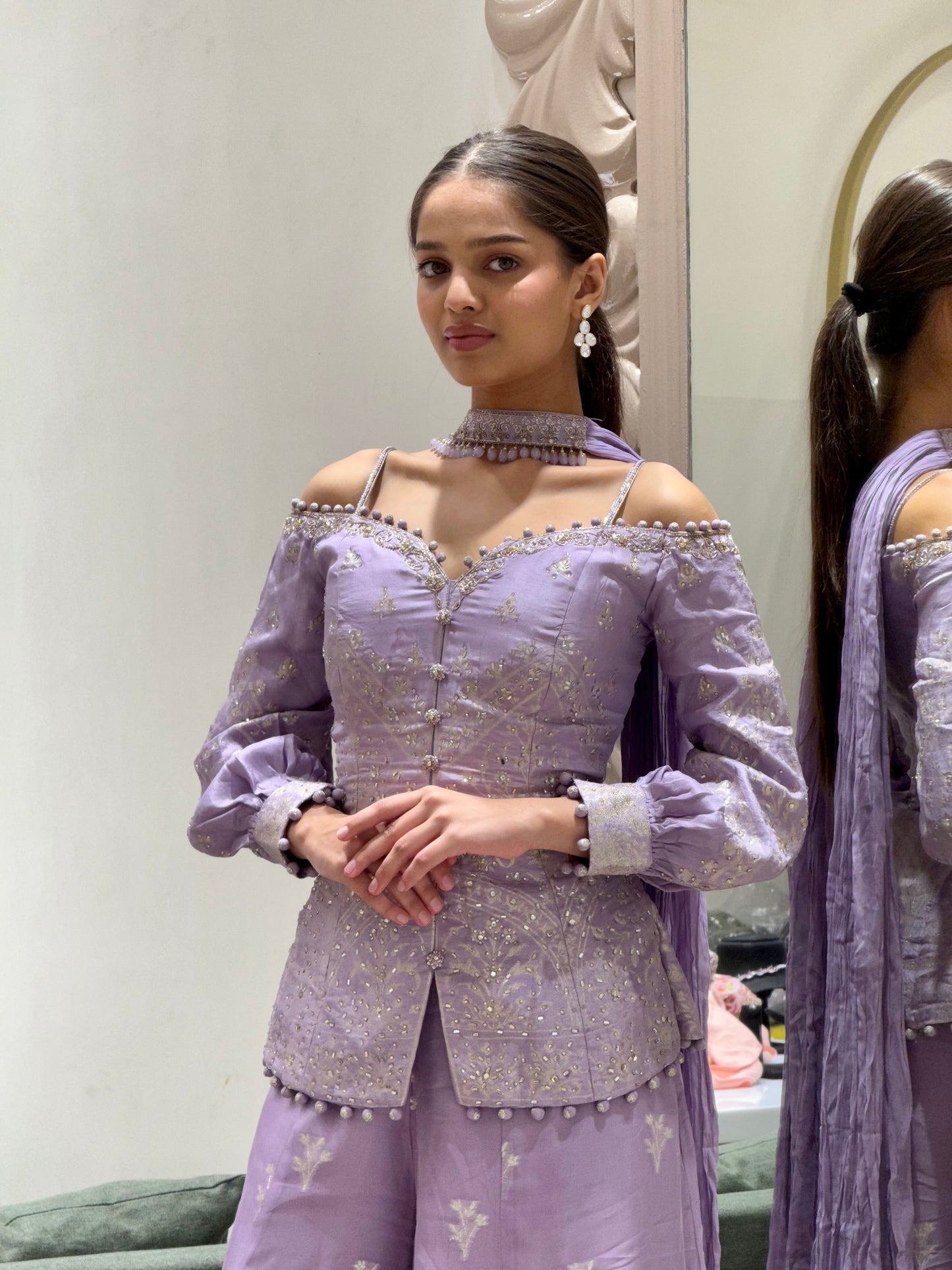 Lilac Off-Shoulder Embroidered Sharara Set with Corset Blouse