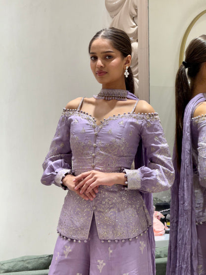 Lilac Off-Shoulder Embroidered Sharara Set with Corset Blouse