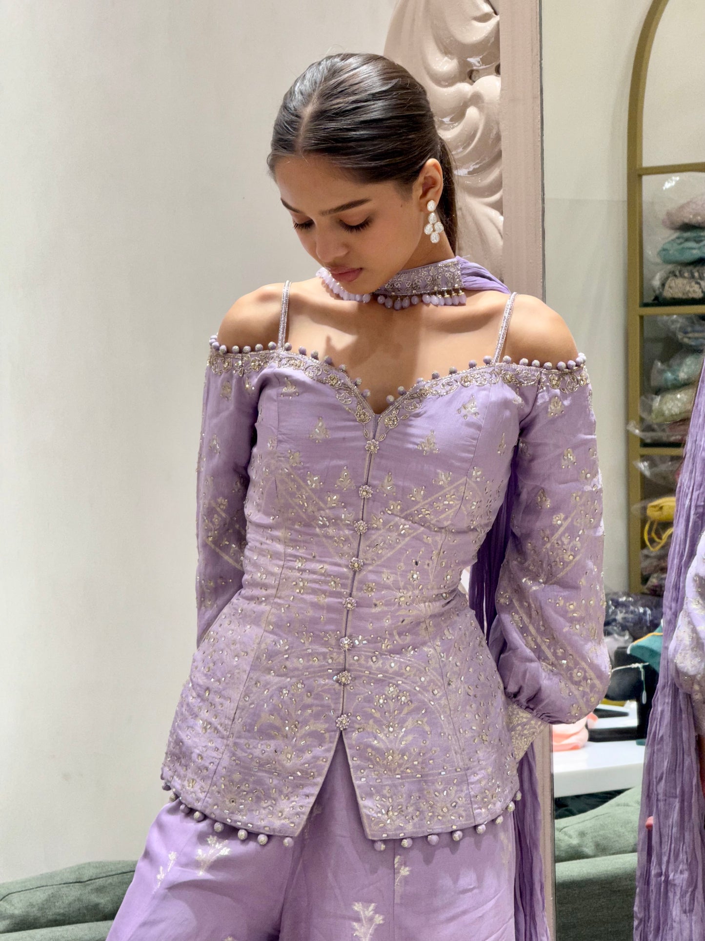 Lilac Off-Shoulder Embroidered Sharara Set with Corset Blouse