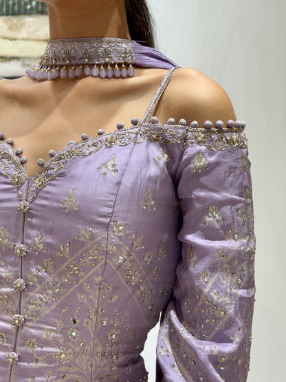Lilac Off-Shoulder Embroidered Sharara Set with Corset Blouse