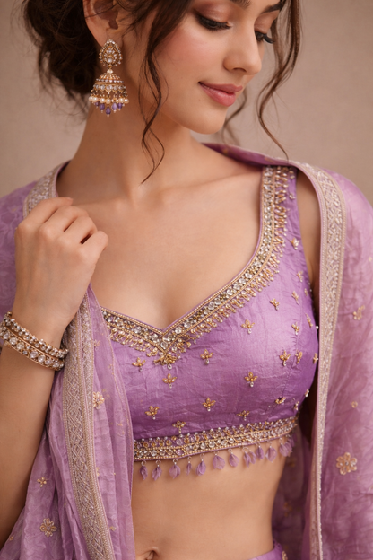 Lilac Purple Embroidered Designer Lehenga Choli with Zari Work and Dupatta