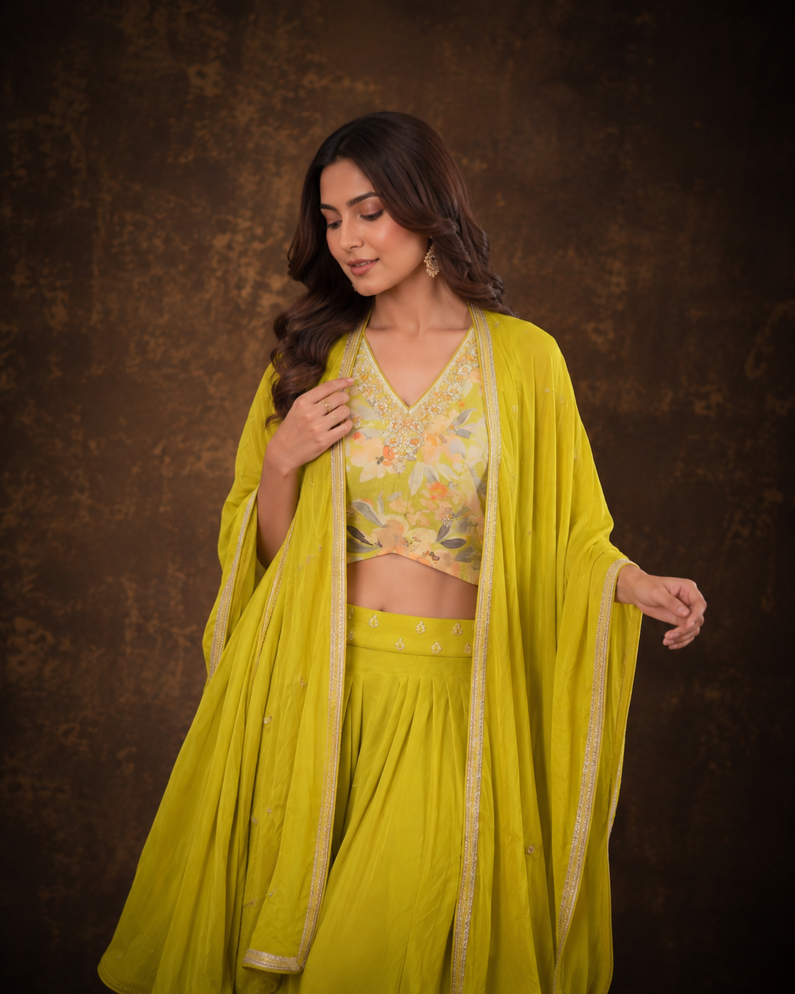 Lime Green Floral Printed Crop Top with Draped Dhoti Pants and Embellished Cape Set