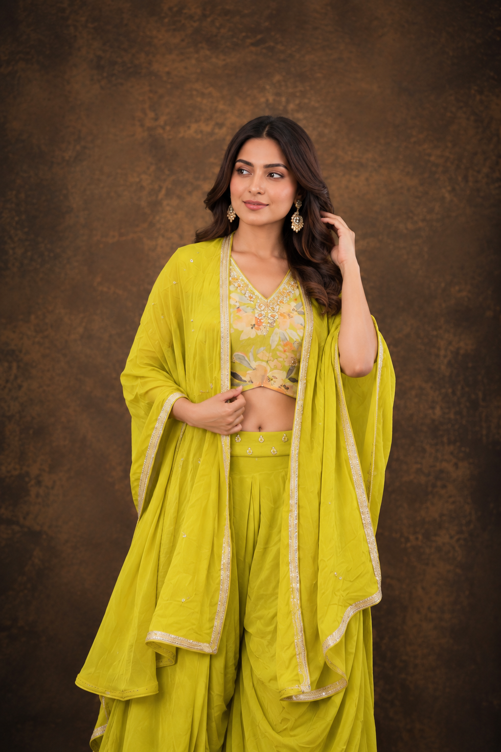 Lime Green Floral Printed Crop Top with Draped Dhoti Pants and Embellished Cape Set