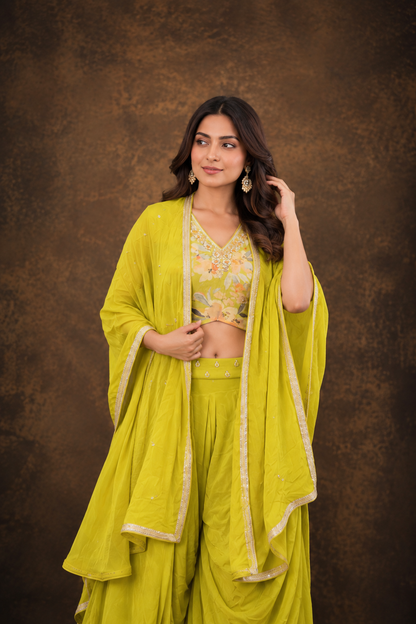 Lime Green Floral Printed Crop Top with Draped Dhoti Pants and Embellished Cape Set