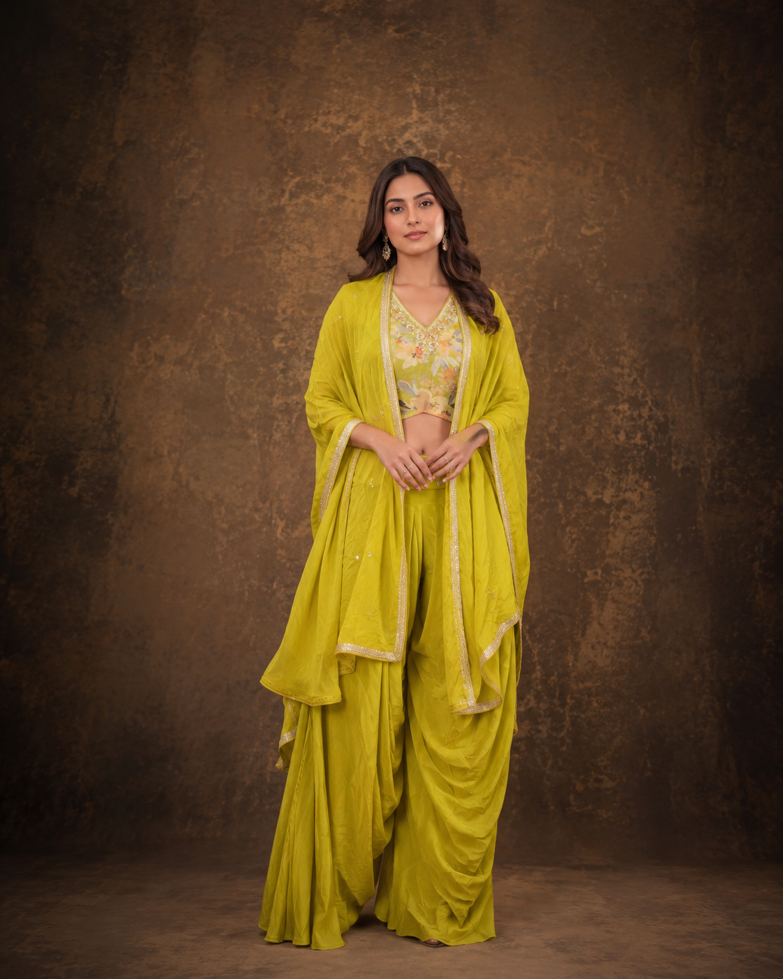 Lime Green Floral Printed Crop Top with Draped Dhoti Pants and Embellished Cape Set