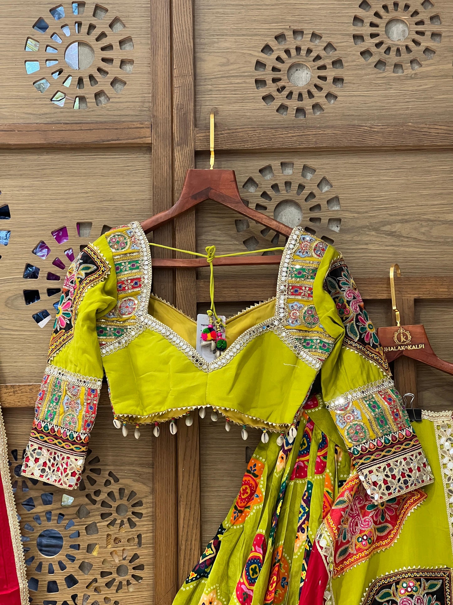 Lime Green and Red Gujarati Navratri Chaniya Choli with Kutchi Embroidery and Mirror Work