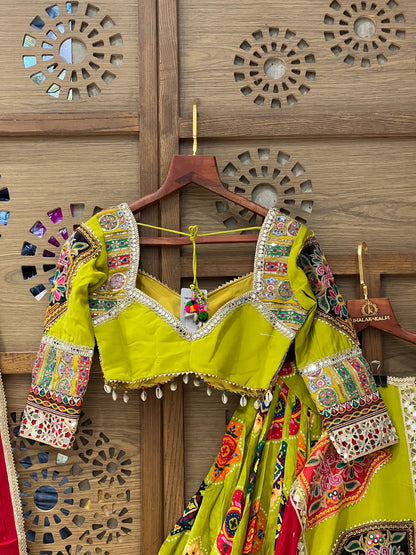 Lime Green and Red Gujarati Navratri Chaniya Choli with Kutchi Embroidery and Mirror Work