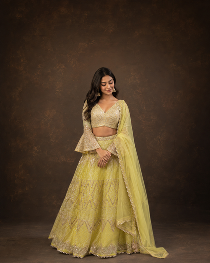 Lime Yellow Sequins & Thread Embroidered Designer Lehenga Choli