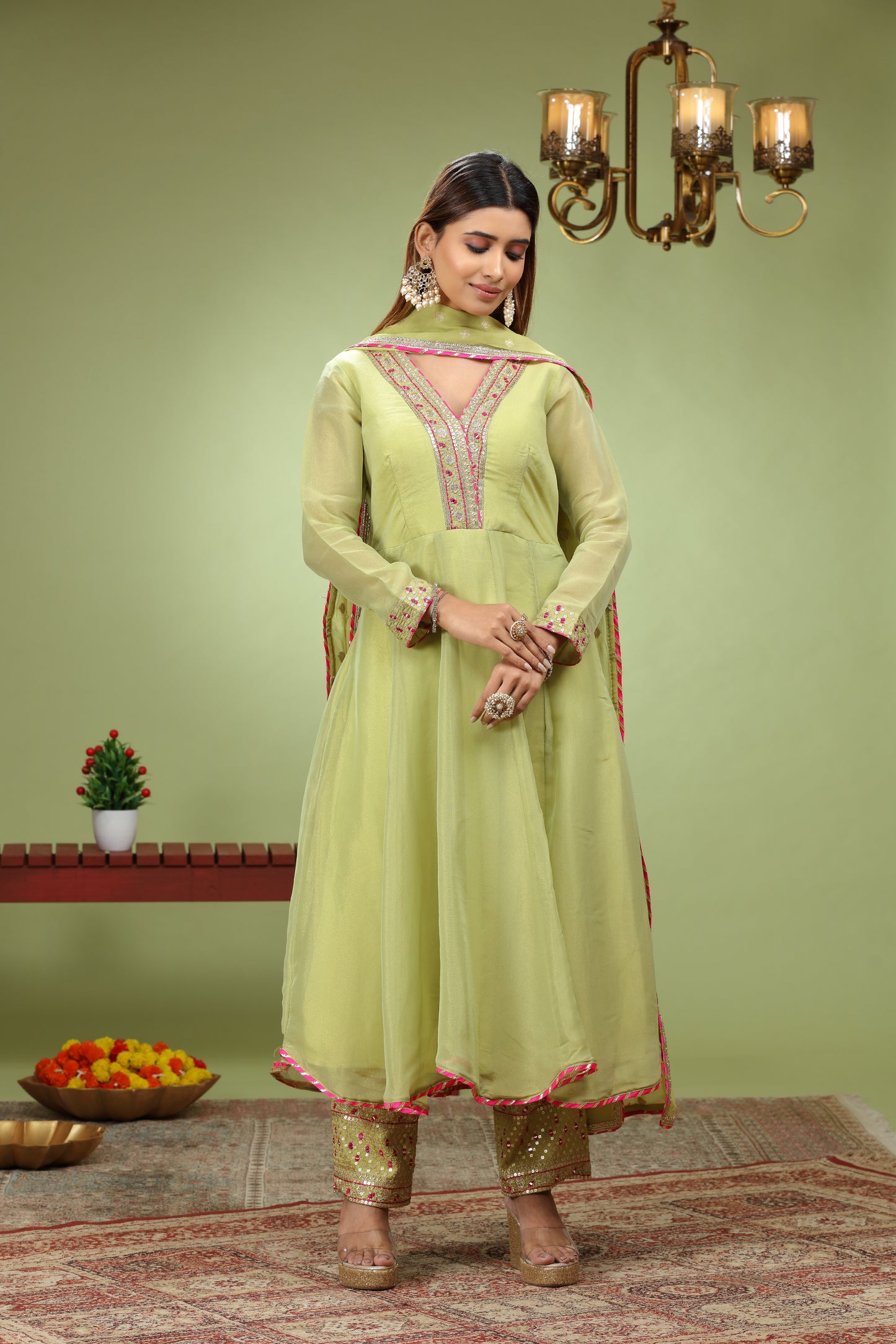 Lime Green Sequence work Anarkali Set