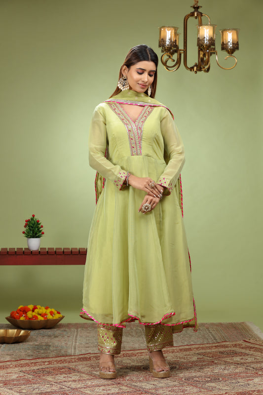 Lime Green Sequence work Anarkali Set