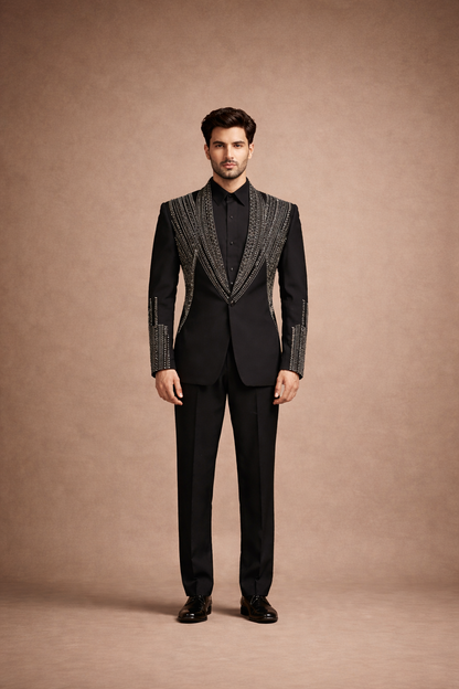 Luxury Black Embroidered Men’s Coat Suit