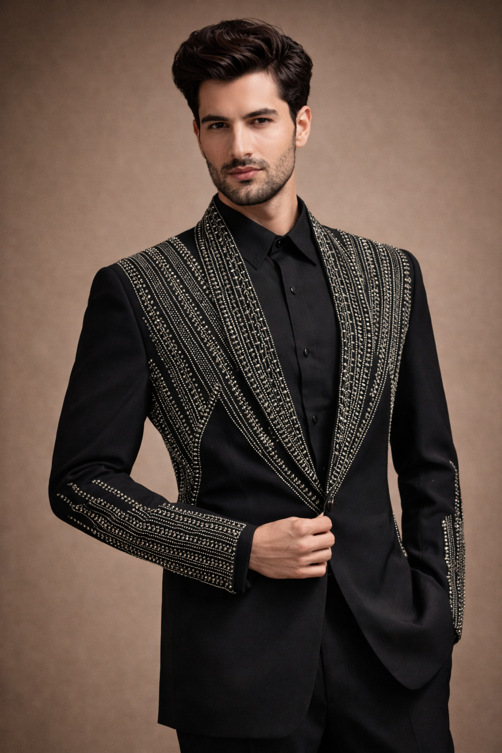 Luxury Black Embroidered Men’s Coat Suit