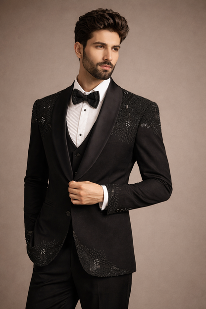 Luxury Black Embroidered Tuxedo Suit