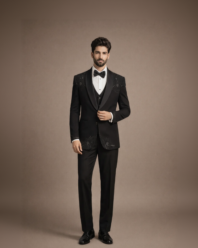 Luxury Black Embroidered Tuxedo Suit