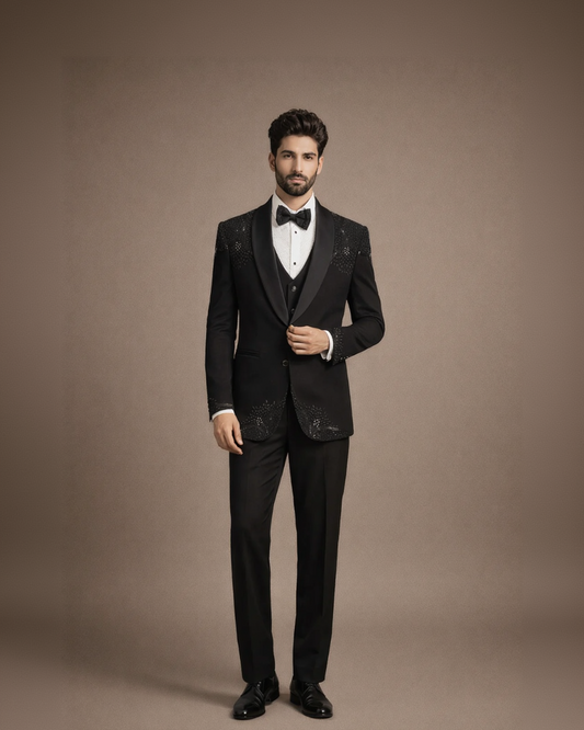 Luxury Black Embroidered Tuxedo Suit