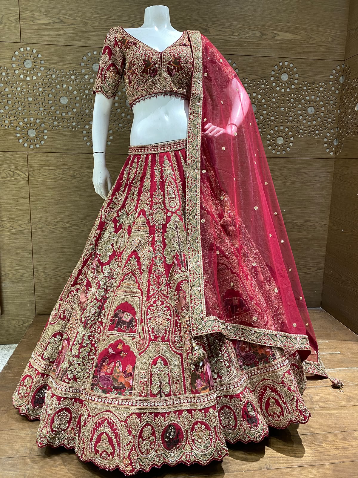 Luxury Deep Red Bridal Lehenga with Heavy Zardozi & Zari Embroidery