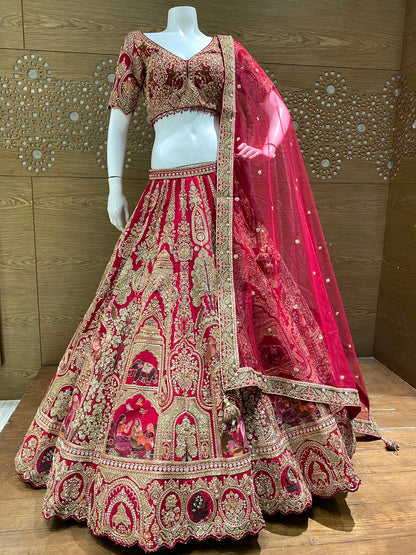 Luxury Deep Red Bridal Lehenga with Heavy Zardozi & Zari Embroidery