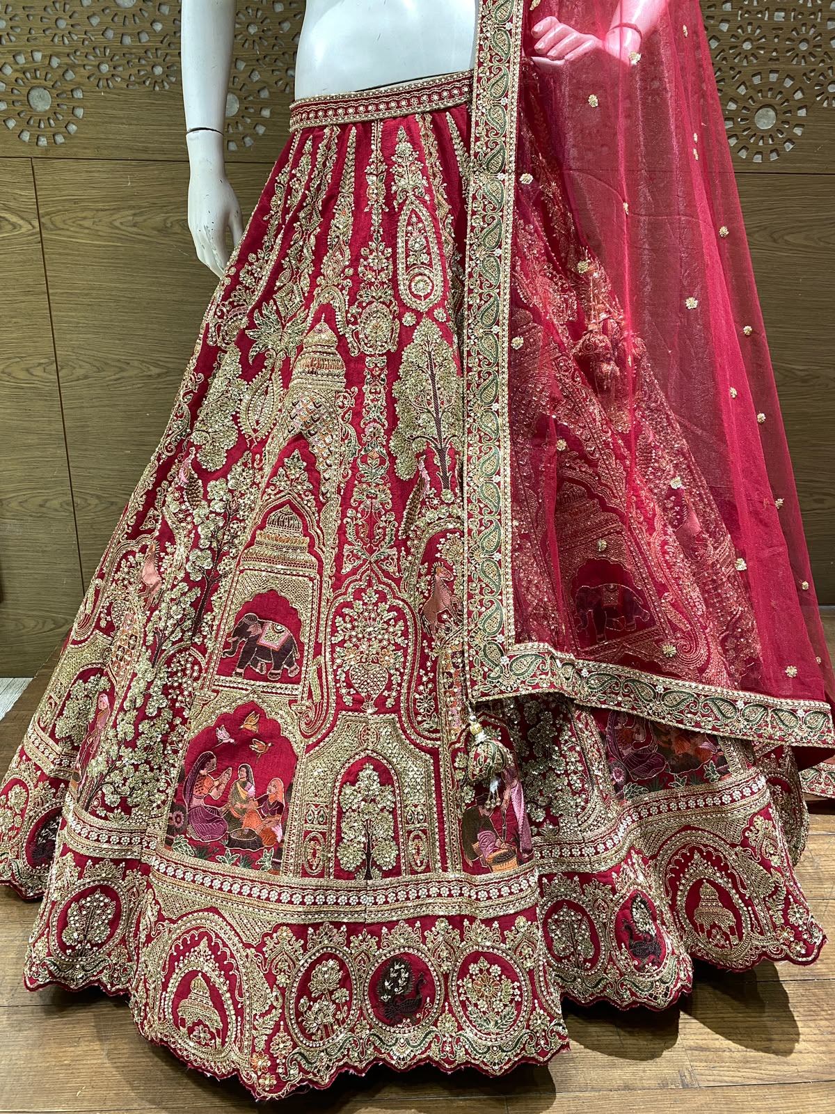 Luxury Deep Red Bridal Lehenga with Heavy Zardozi & Zari Embroidery