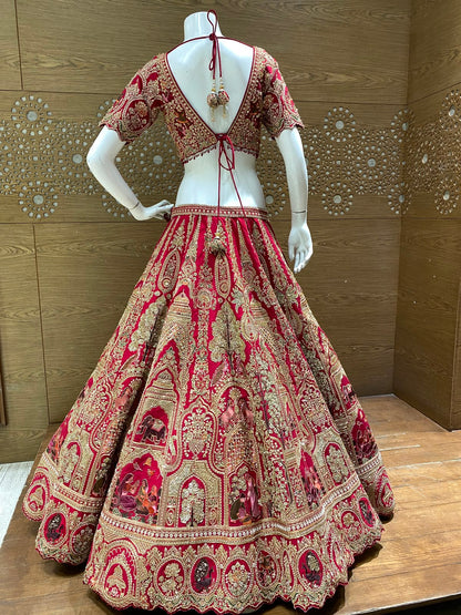 Luxury Deep Red Bridal Lehenga with Heavy Zardozi & Zari Embroidery