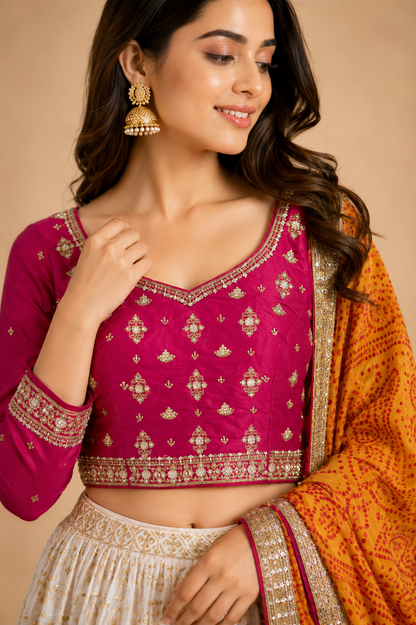 Magenta Embroidered Silk Blend Lehenga Choli with Ivory Printed Skirt & Bandhani Dupatta