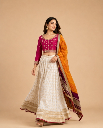 Magenta Embroidered Silk Blend Lehenga Choli with Ivory Printed Skirt & Bandhani Dupatta