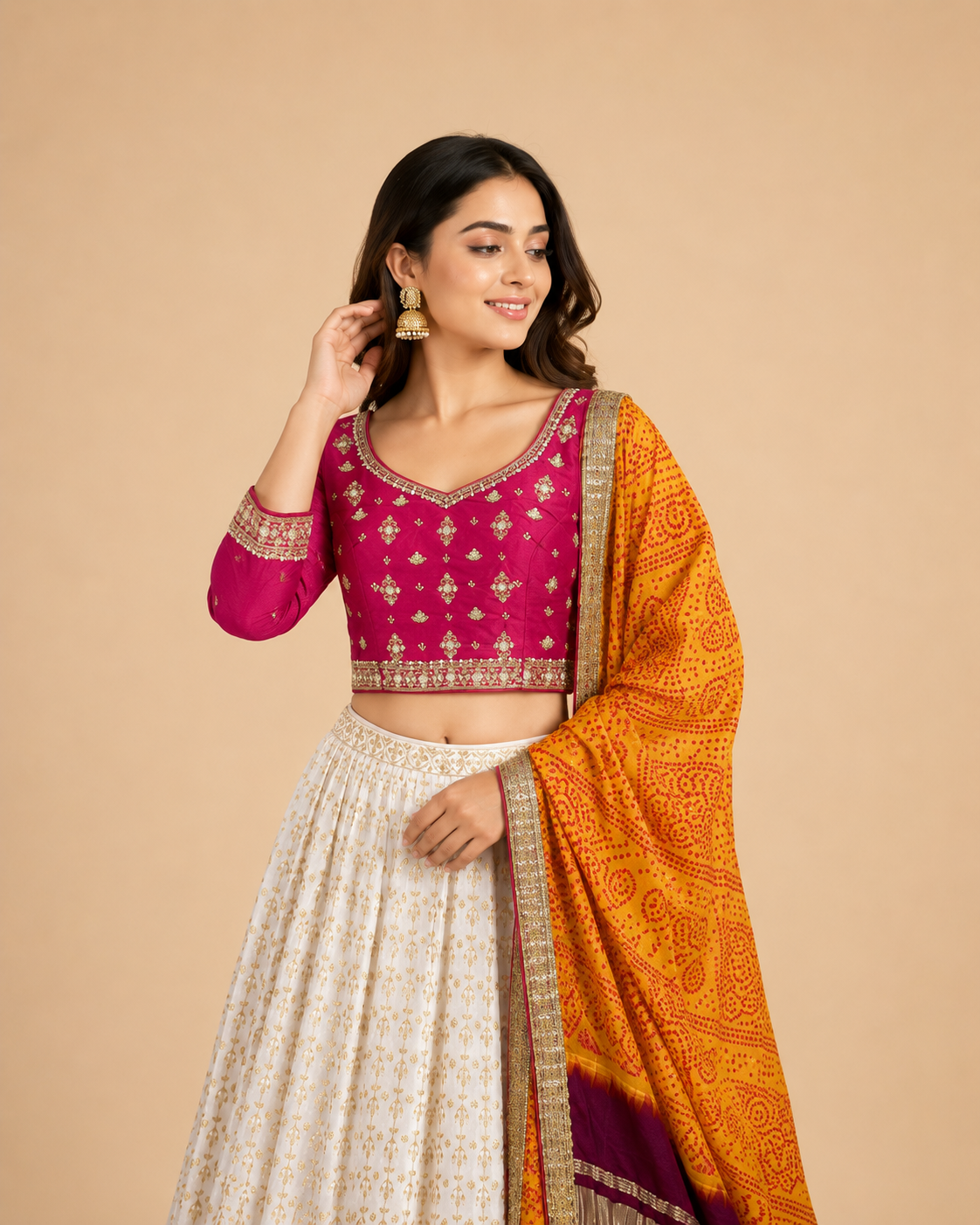 Magenta Embroidered Silk Blend Lehenga Choli with Ivory Printed Skirt & Bandhani Dupatta