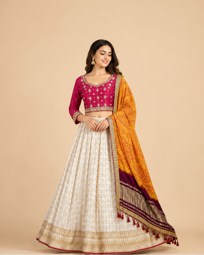 Magenta Embroidered Silk Blend Lehenga Choli with Ivory Printed Skirt & Bandhani Dupatta