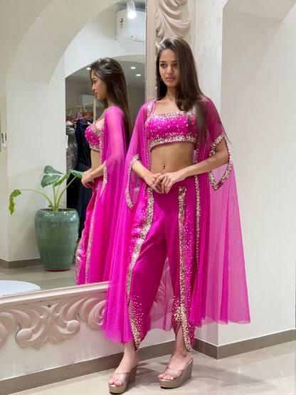 Magenta Mirror Work Cape Set with Draped Dhoti Pants