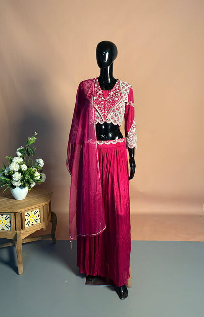Magenta Pink Indo-Western Sharara Set with Embroidered Cape Jacket