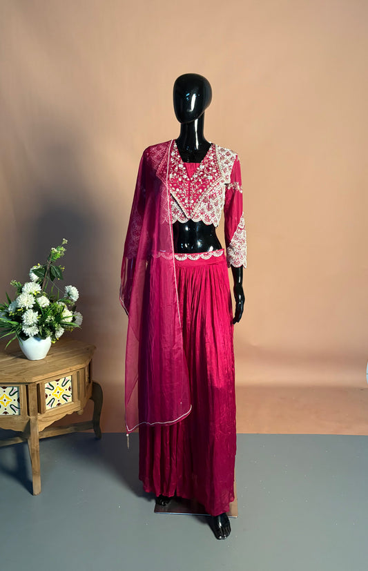 Magenta Pink Indo-Western Sharara Set with Embroidered Cape Jacket