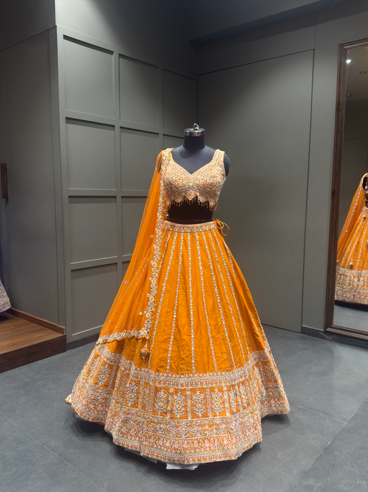 Marigold Orange Embroidered Lehenga Set with Floral Zari Work and Scalloped Dupatta