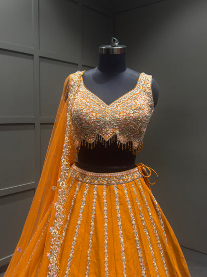 Marigold Orange Embroidered Lehenga Set with Floral Zari Work and Scalloped Dupatta