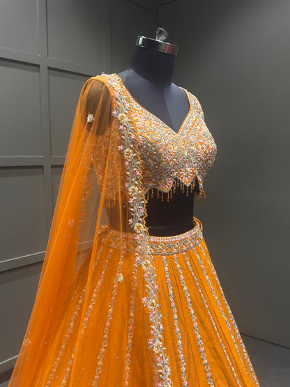 Marigold Orange Embroidered Lehenga Set with Floral Zari Work and Scalloped Dupatta
