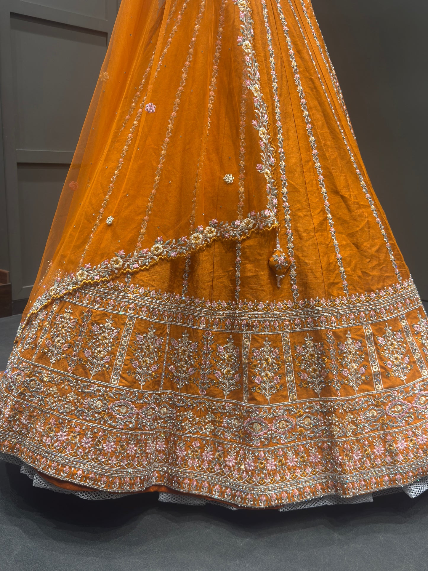 Marigold Orange Embroidered Lehenga Set with Floral Zari Work and Scalloped Dupatta