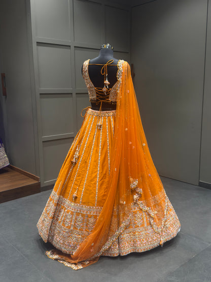 Marigold Orange Embroidered Lehenga Set with Floral Zari Work and Scalloped Dupatta