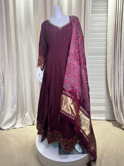 Maroon Anarkali Suit with Embroidered Borders & Bandhani Dupatta