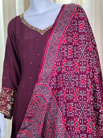 Maroon Anarkali Suit with Embroidered Borders & Bandhani Dupatta