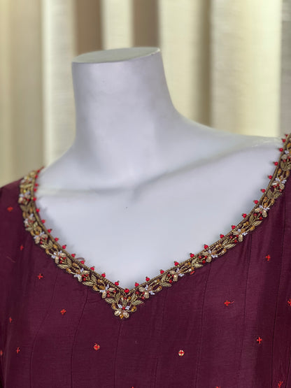 Maroon Anarkali Suit with Embroidered Borders & Bandhani Dupatta