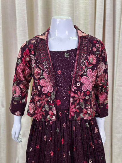 Maroon Embroidered Anarkali Gown with Floral Jacket