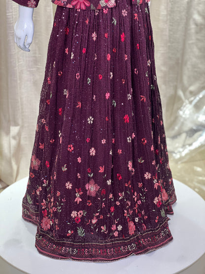 Maroon Embroidered Anarkali Gown with Floral Jacket