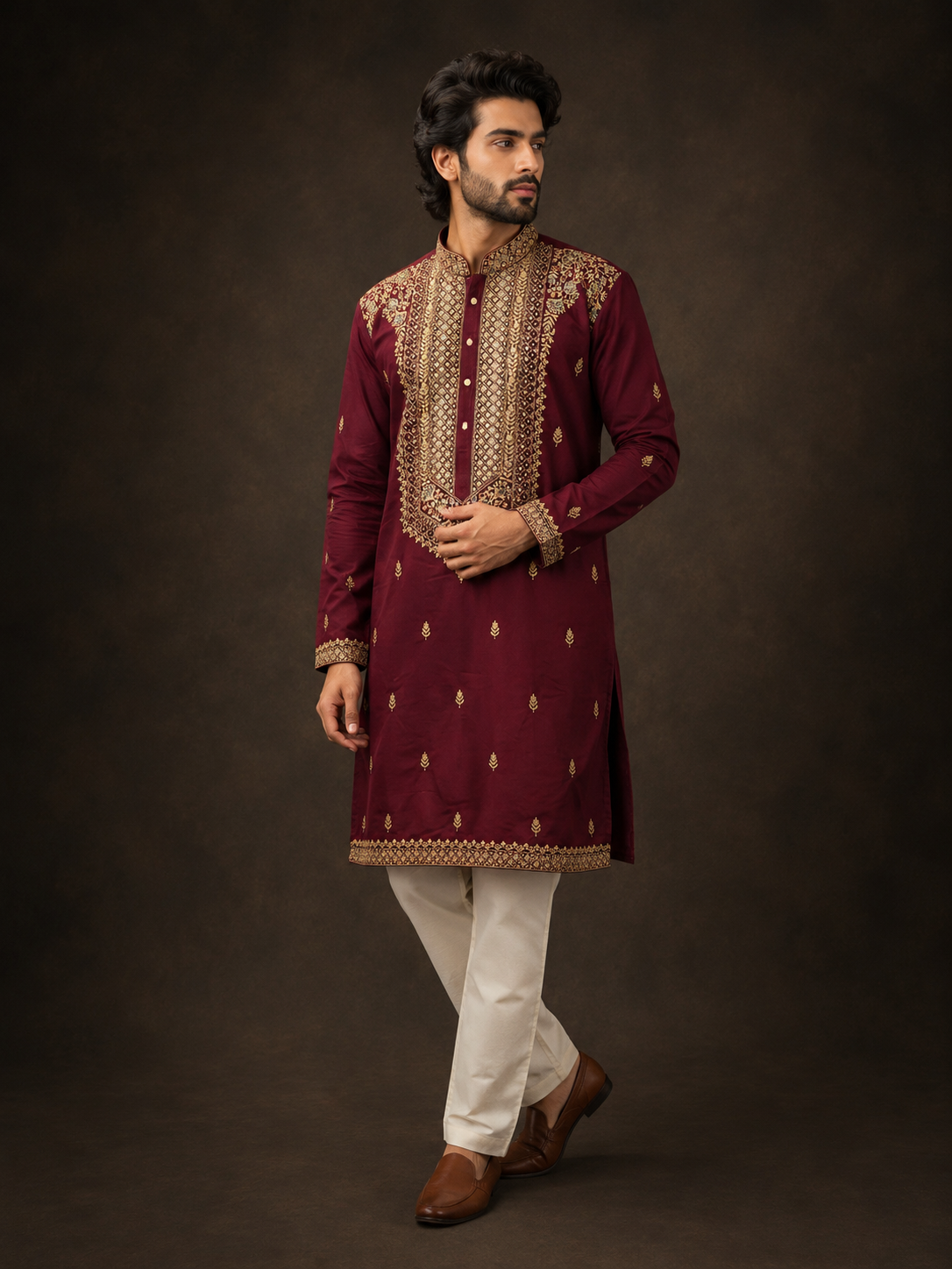 Maroon Embroidered Silk Kurta for Men with Zari Work and Ethnic Motif Design