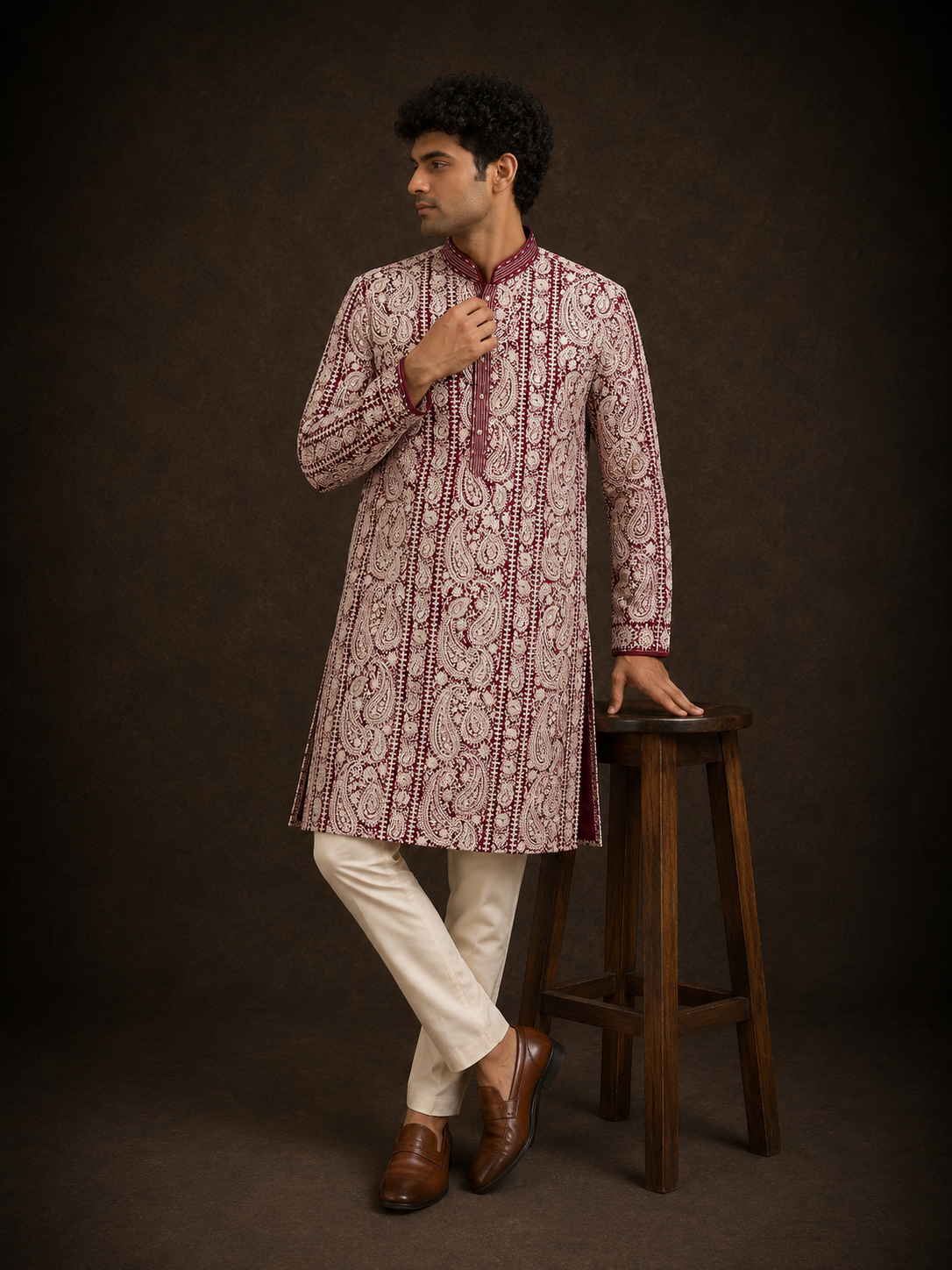 Maroon Paisley Embroidered Kurta Set with Off White Trousers