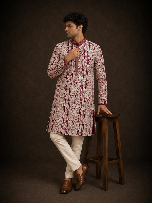 Maroon Paisley Embroidered Kurta Set with Off White Trousers