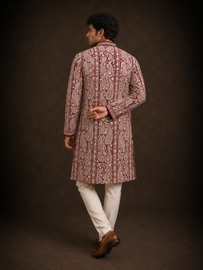 Maroon Paisley Embroidered Kurta Set with Off White Trousers
