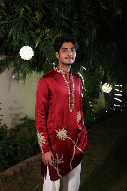 Maroon Silk Kurta with Golden Palm Embroidery and Sequin Detailing