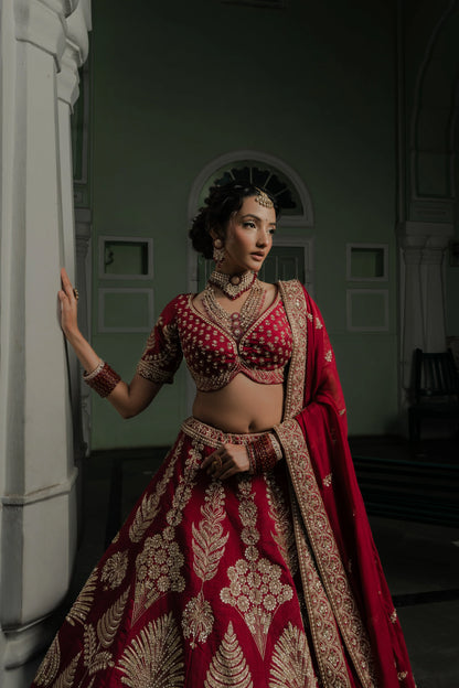 Maroon Silk Lehenga with Ornate Tree Motifs & Chevron Zardosi Embroidery