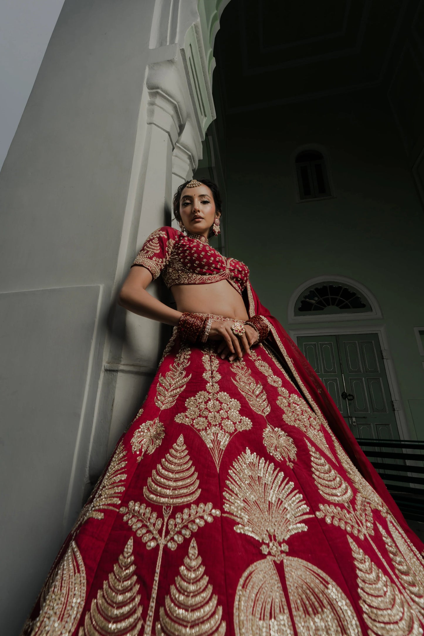 Maroon Silk Lehenga with Ornate Tree Motifs & Chevron Zardosi Embroidery